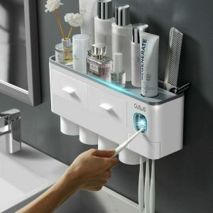 True Store IDK Toothbrush Holder Automatic Toothpaste Dispenser With Cup Wall Mount Toiletries Storage Rack Bathroom Accessories Set for Home