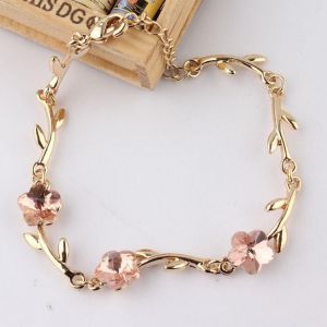 Free shipping New Fashion Hot Sale Gold-color Pink Crystal Flower Charms Bracelets Bangles For Women Elegant Jewelry Gift