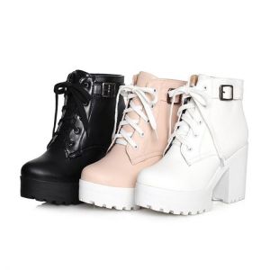True Store shoes GOXPACER Autumn Martin Boots Boots Women Round Toe Buckle Shoes Women High Heel Fashion Plus Size Square Heels Lacing 3 Colors